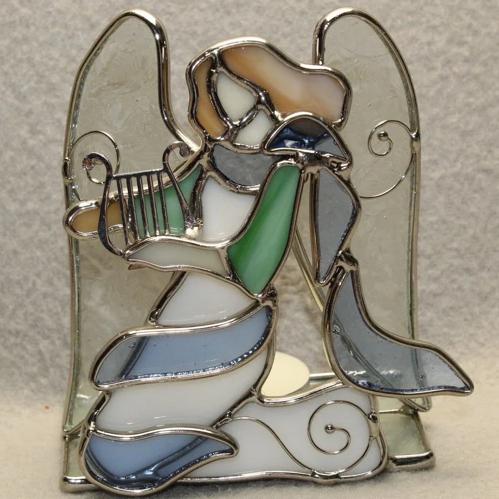 Stained Glass Angel Candle Holder Blue Green Harp Tea Light Religious Decor Vtg‎
